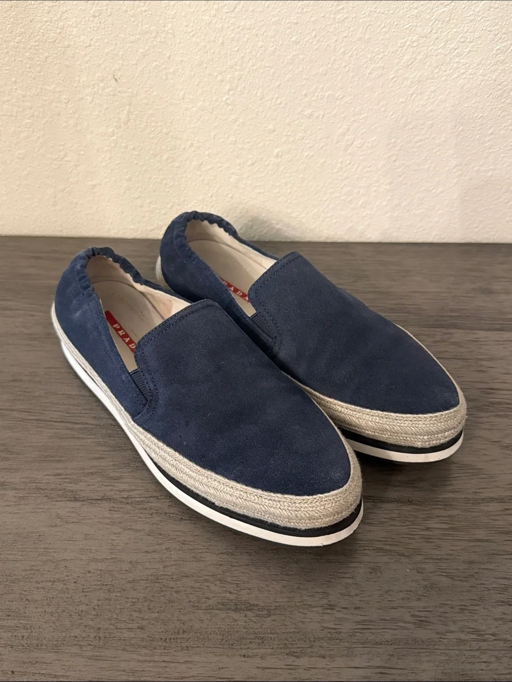 PRADA Navy Blue Suede Espadrille Platform Slip on Sneakers IT 37 US 7